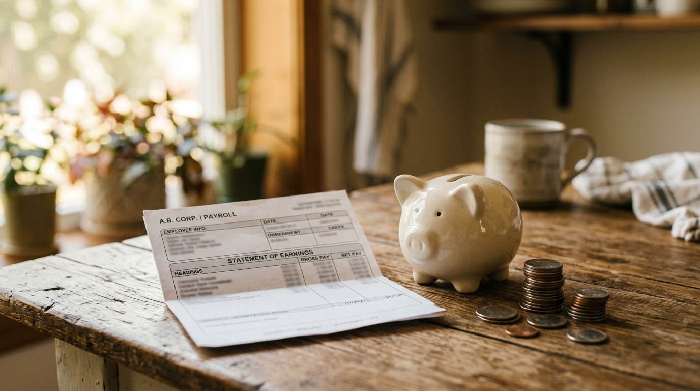 A paycheck stub next to a ceramic piggy bank and a stack of coins
