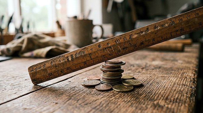 wooden ruler and coins measuring how much you should have saved by age 30