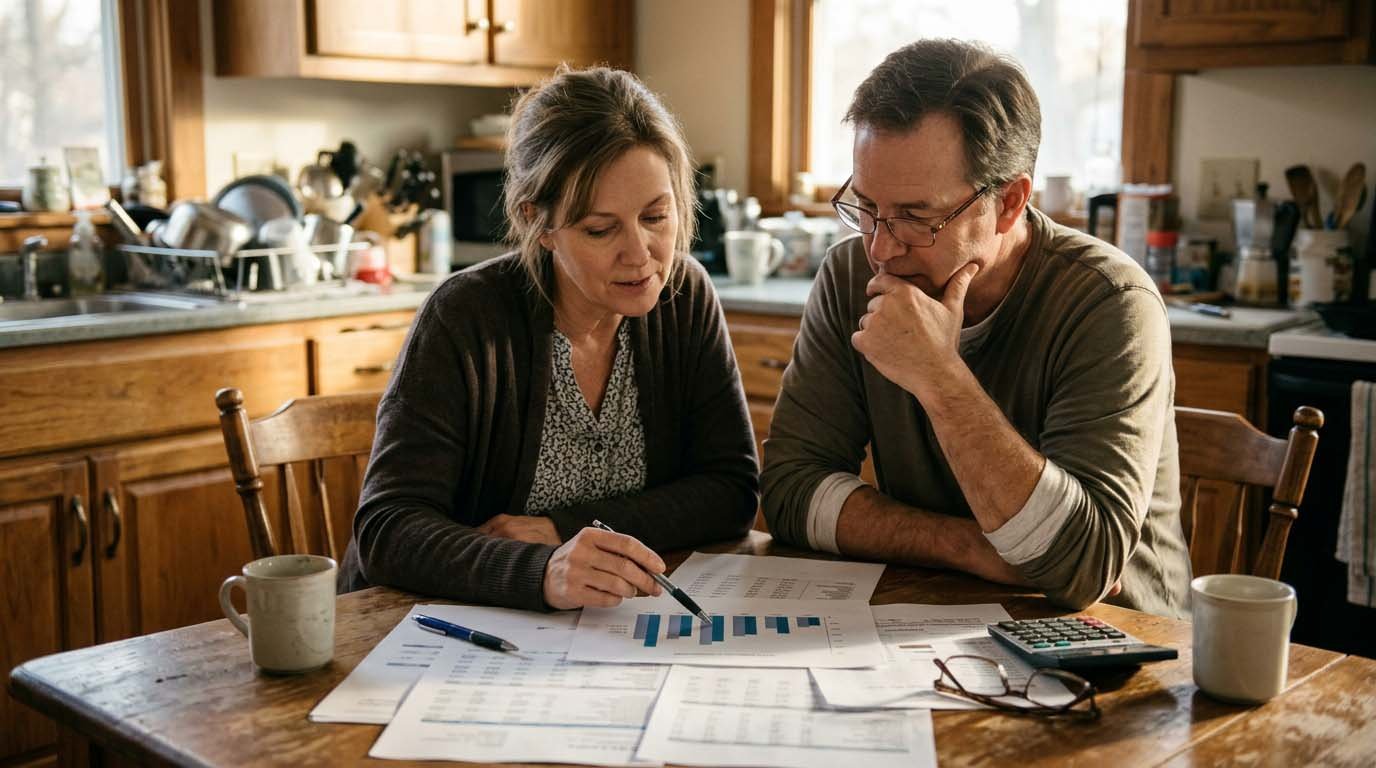 A couple sitting at a kitchen table reviewing retirement account statements and pointing at a printed chart