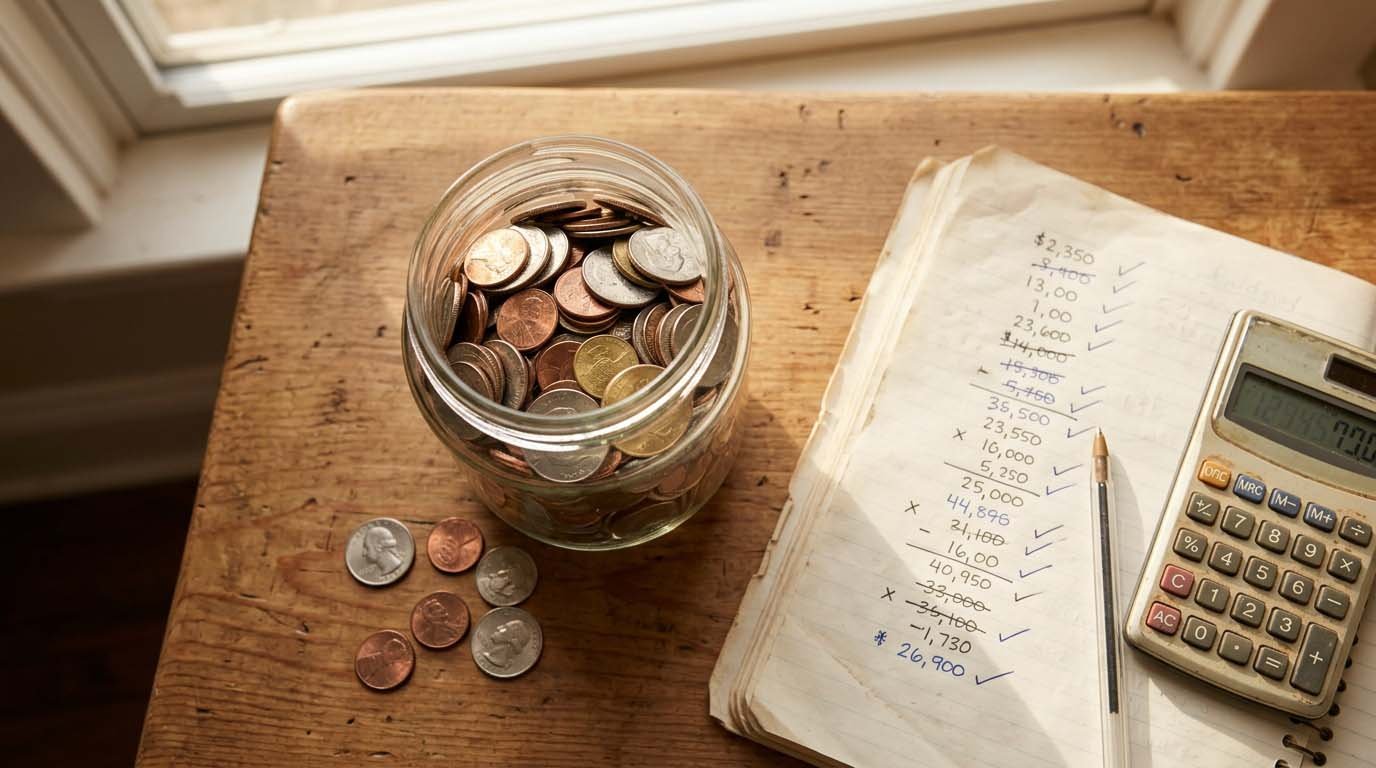 A glass jar of coins labeled retirement savings next to a calculator and notebook