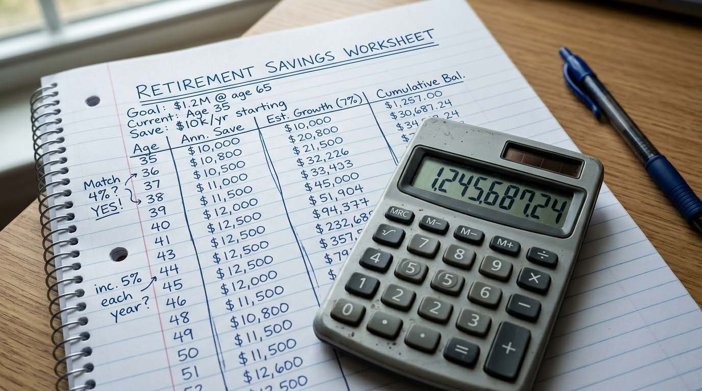 Close-up of a handwritten retirement savings worksheet next to a calculator showing a dollar figure