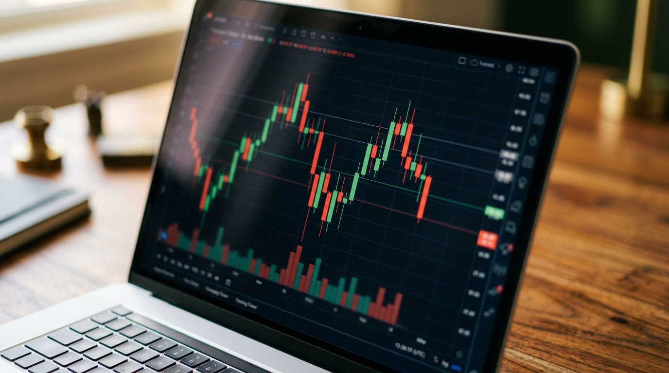 A red and green candlestick chart displayed on a screen, illustrating how the stock market works day to day