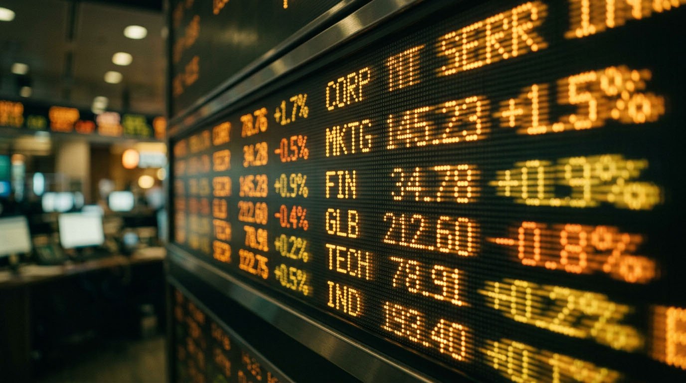 A digital stock ticker board with scrolling numbers, illustrating how the stock market works