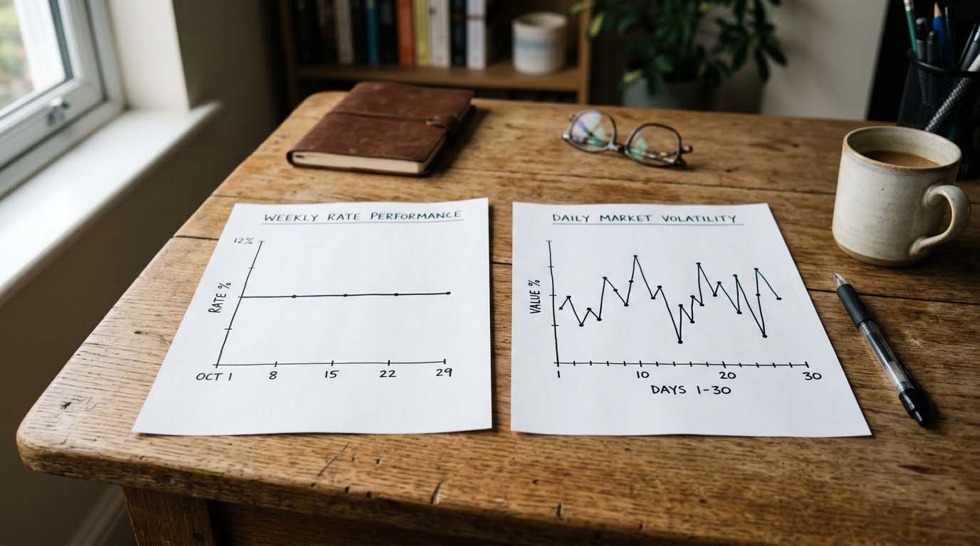 Two rate charts, one flat line and one fluctuating line, representing fixed versus variable loan rates