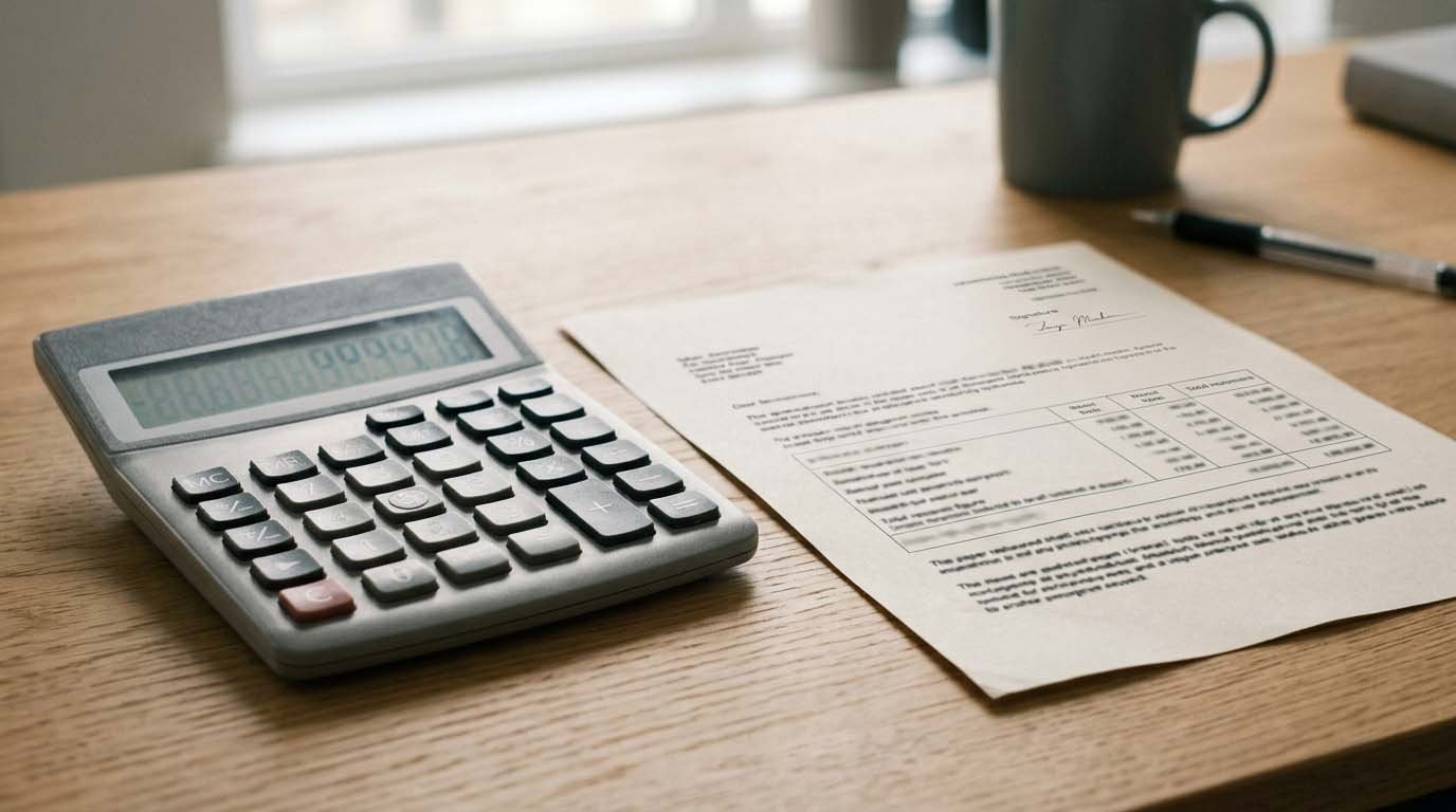 A calculator showing a monthly payment figure next to a document showing total loan cost over time