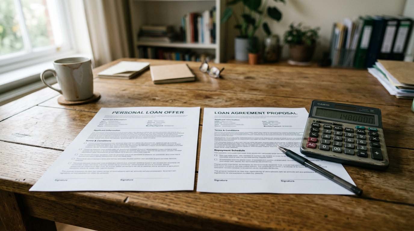 Two loan offer documents side by side on a desk with a calculator