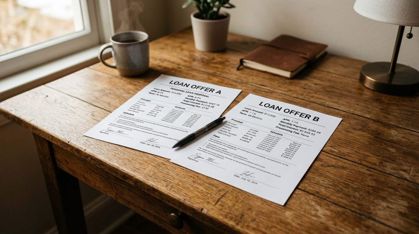 Two printed loan offers laid side by side on a desk for comparison
