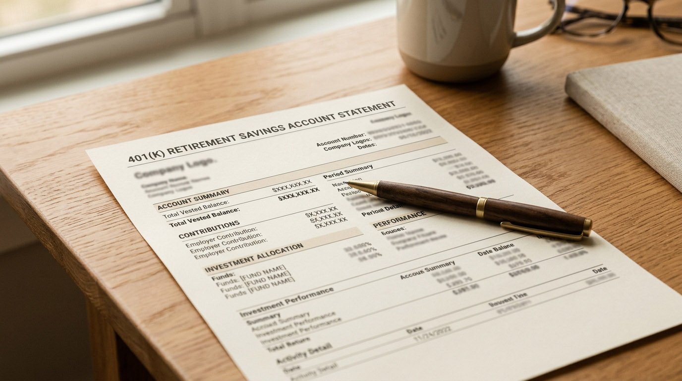 A 401(k) retirement account statement showing fund options, relevant to choosing index funds vs mutual funds