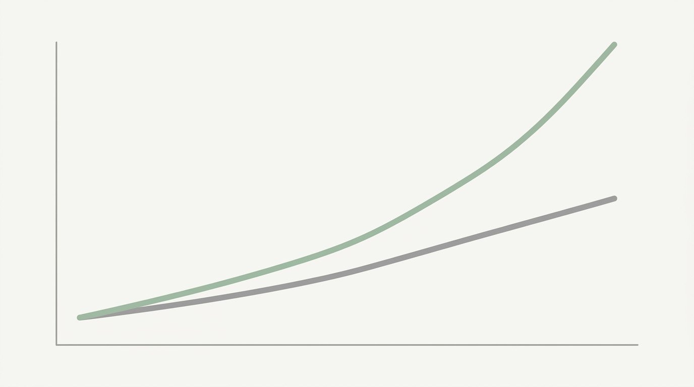 A line chart showing two investment growth curves diverging over time due to fee differences between index funds vs mutual funds