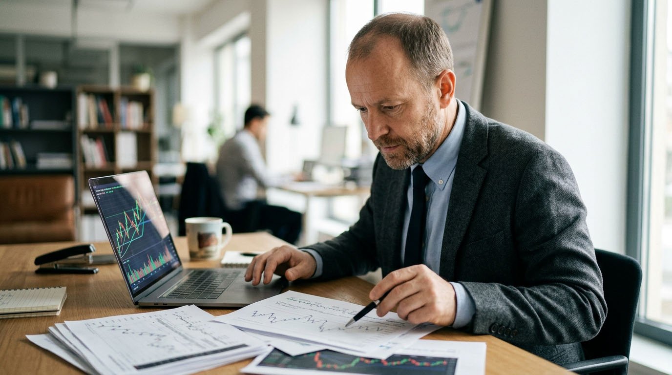 A financial analyst reviewing stock research reports, representing active fund management in index funds vs mutual funds