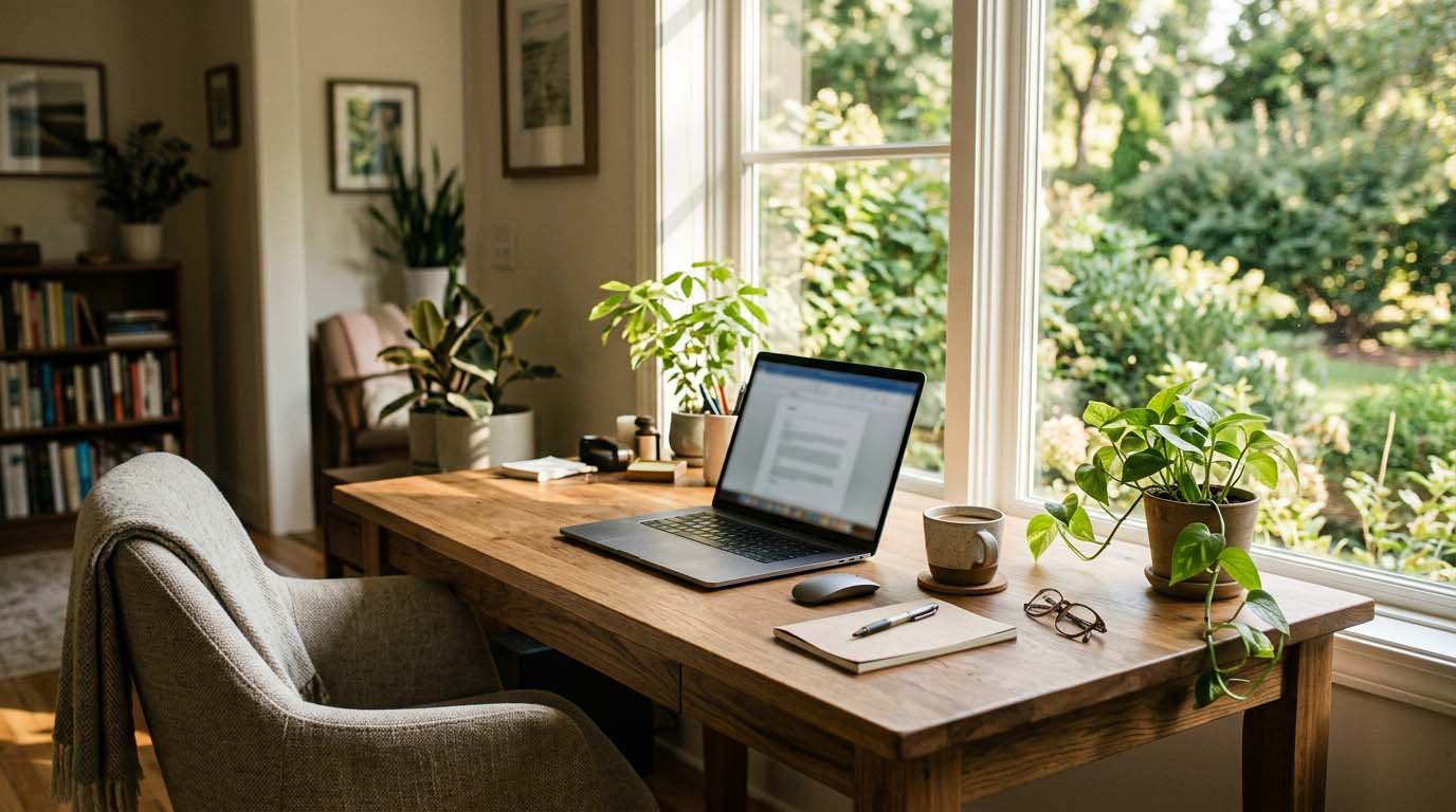 Fat FIRE lifestyle shown in a comfortable home office with a laptop and a large window overlooking a garden