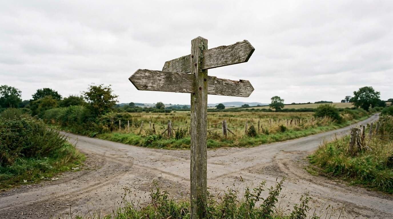 A wooden signpost with three arrows pointing in different directions
