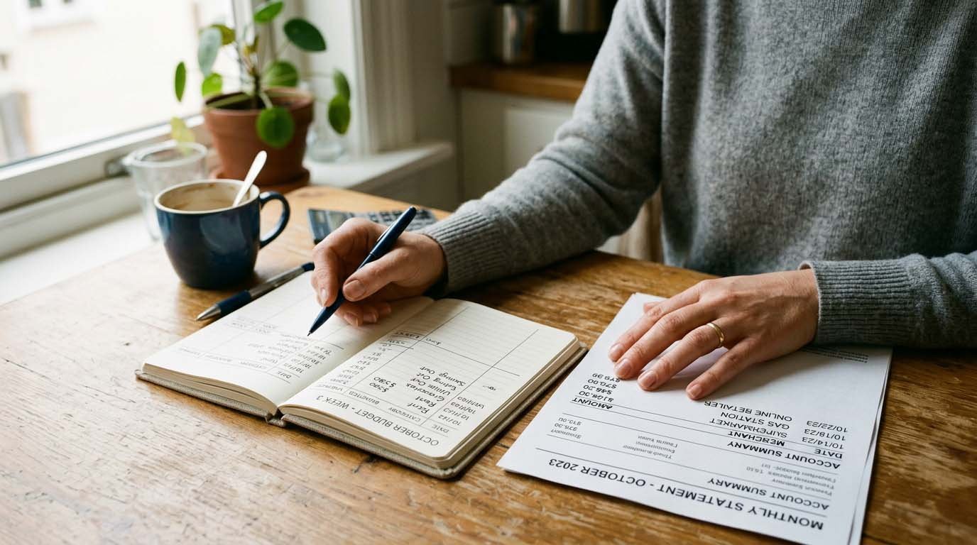A person's hands reviewing a monthly budget notebook and a credit card statement together on a table