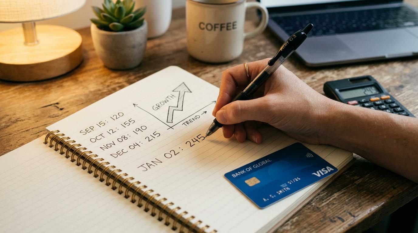 A hand writing numbers in a notebook next to a credit card and calculator, showing an upward interest trend