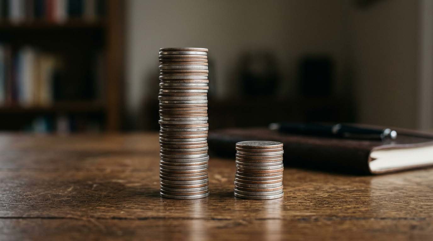 Two stacks of coins side by side, one taller than the other, illustrating a minimum payment payoff timeline versus a full payment timeline