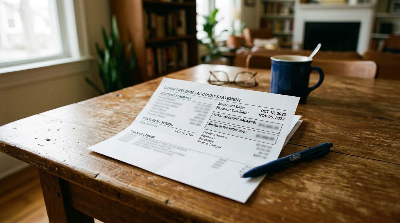 A credit card statement on a table showing the minimum payment due and the full balance side by side