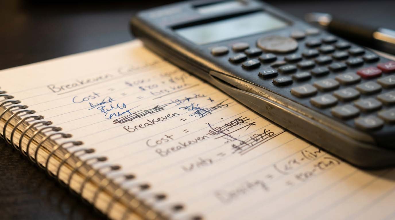 A handwritten breakeven calculation on a notebook page next to a calculator