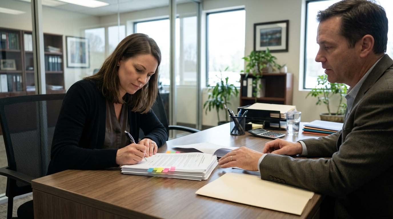 A homebuyer signing closing paperwork at a title company office desk