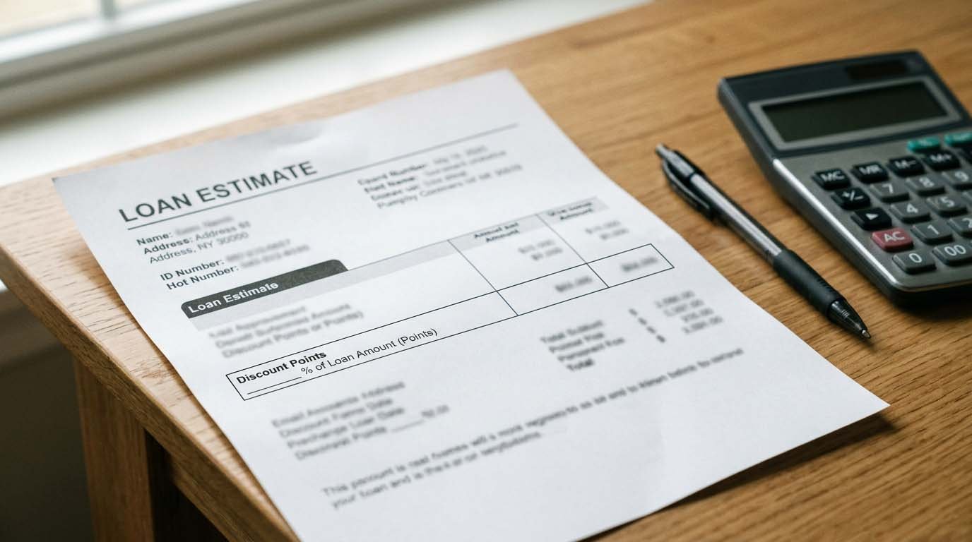 A loan estimate document showing a discount points line item next to a pen and calculator