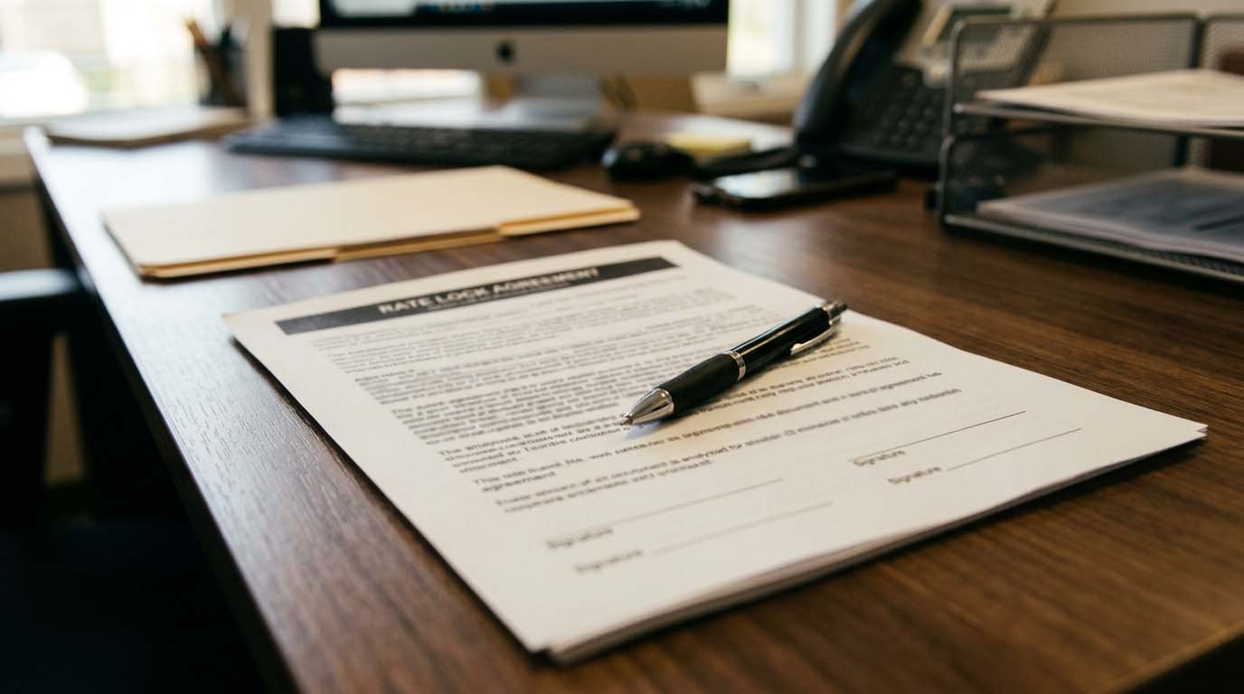 A rate lock agreement document with a pen resting on top at a lender's desk
