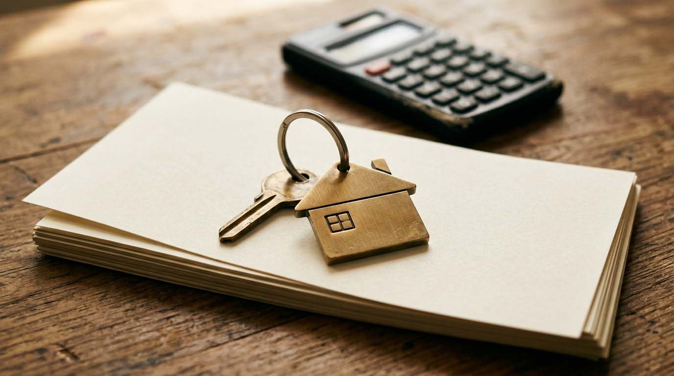A house-shaped keychain resting on a stack of mortgage payment coupons next to a small calculator