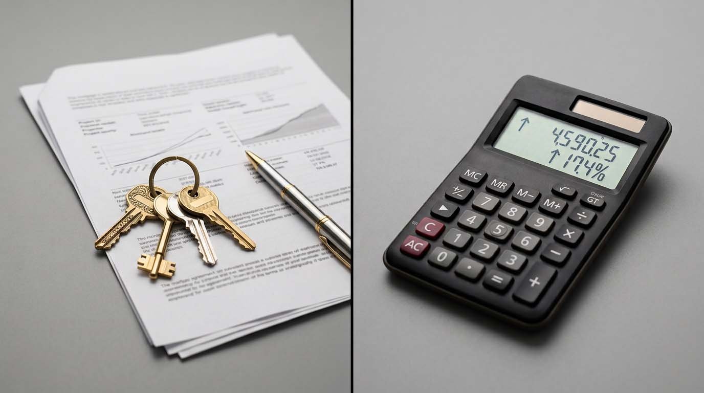 House keys resting on a mortgage document beside a calculator showing rising numbers