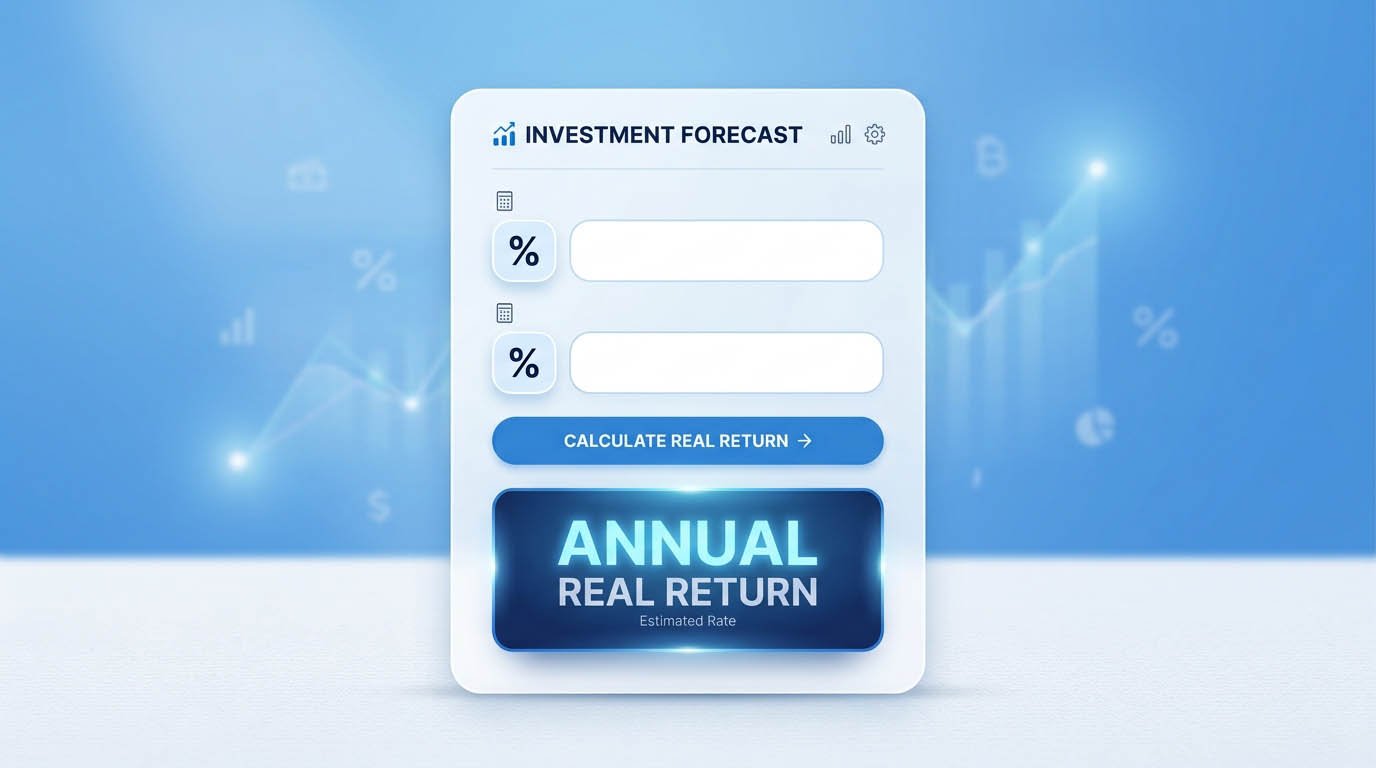 A finance calculator interface with nominal return and inflation rate input fields, showing a highlighted real return percentage result