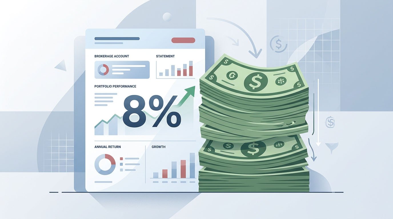 A brokerage statement next to a shrinking stack of dollar bills