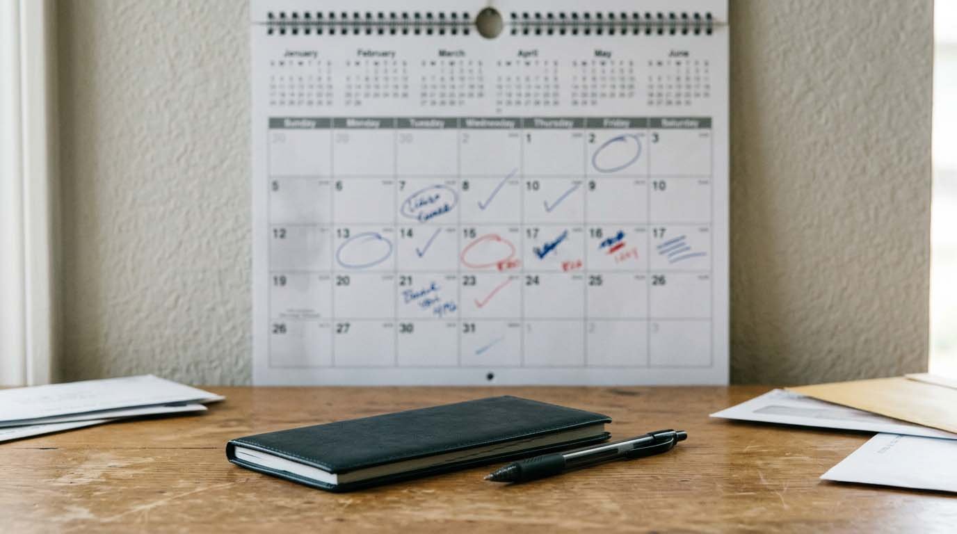 A calendar with biweekly mortgage payment dates marked, next to a checkbook and pen