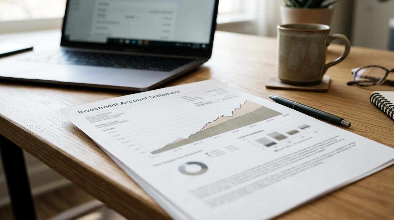 An investment account statement showing growth over time, next to a laptop and coffee cup