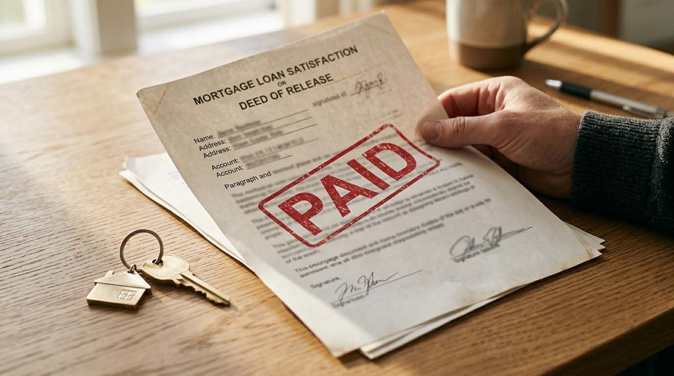 A hand holding a paid-in-full mortgage document next to a house key