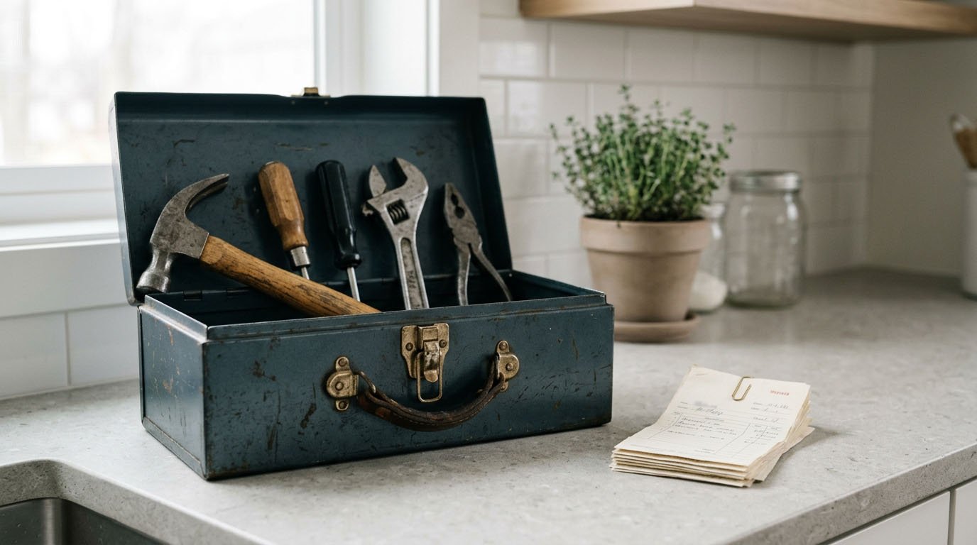 A toolbox and repair supplies on a kitchen counter, representing hidden costs in renting vs buying a home