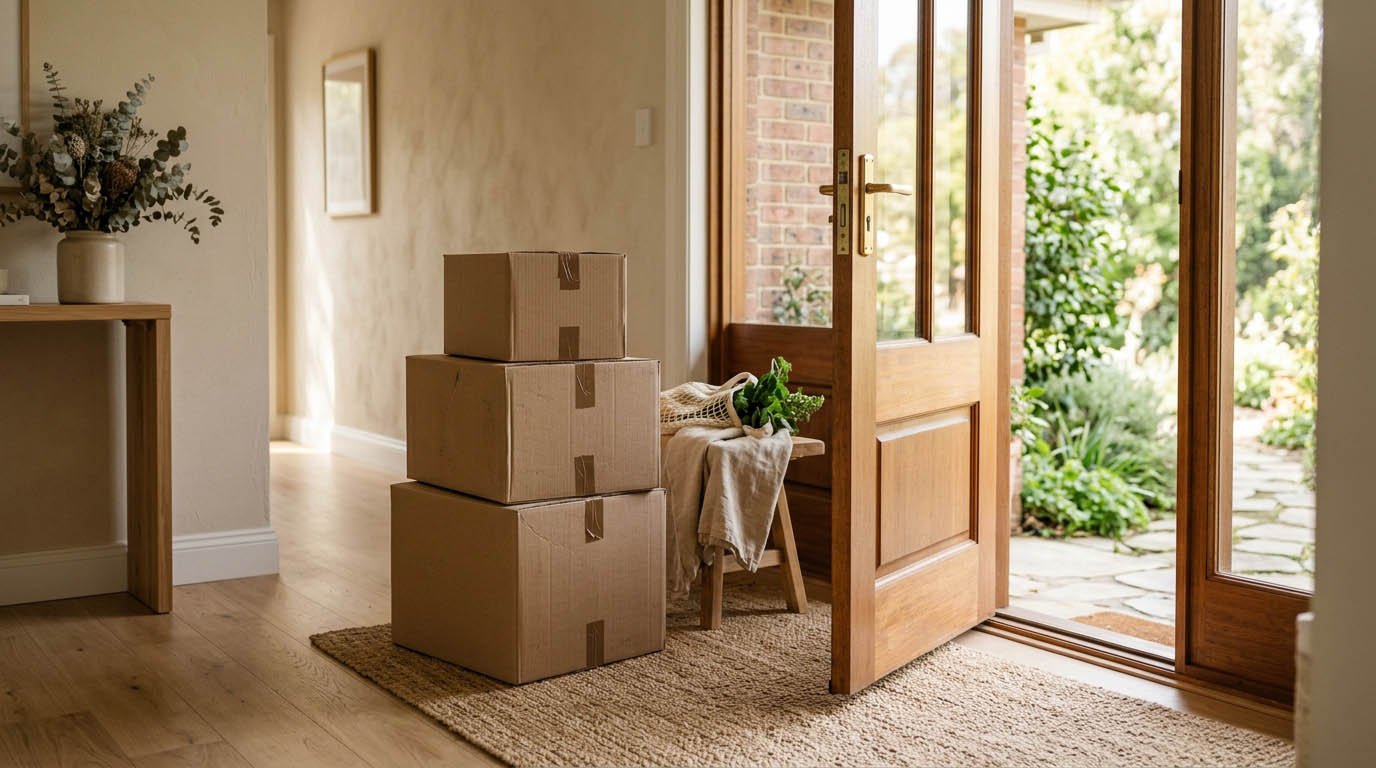 Moving boxes stacked near a doorway, representing flexibility in a renting vs buying decision