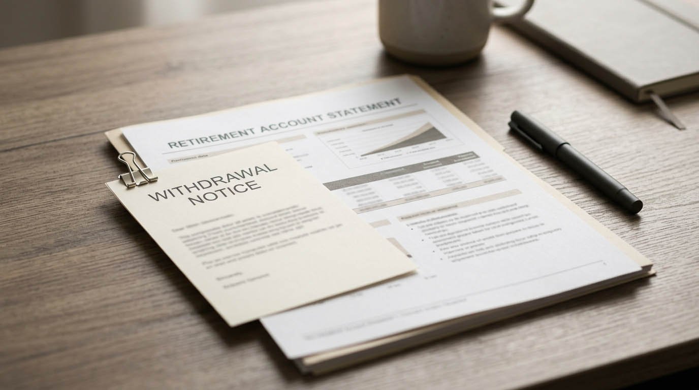 A retirement account statement with a withdrawal notice
