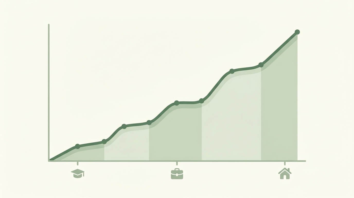 A rising income chart across a career timeline, illustrating how a Roth vs traditional 401k choice can shift over time