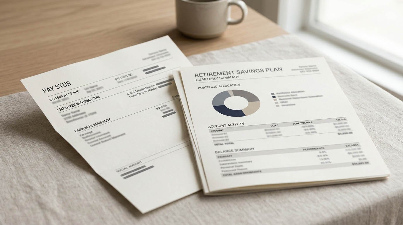 A pay stub next to a retirement account statement