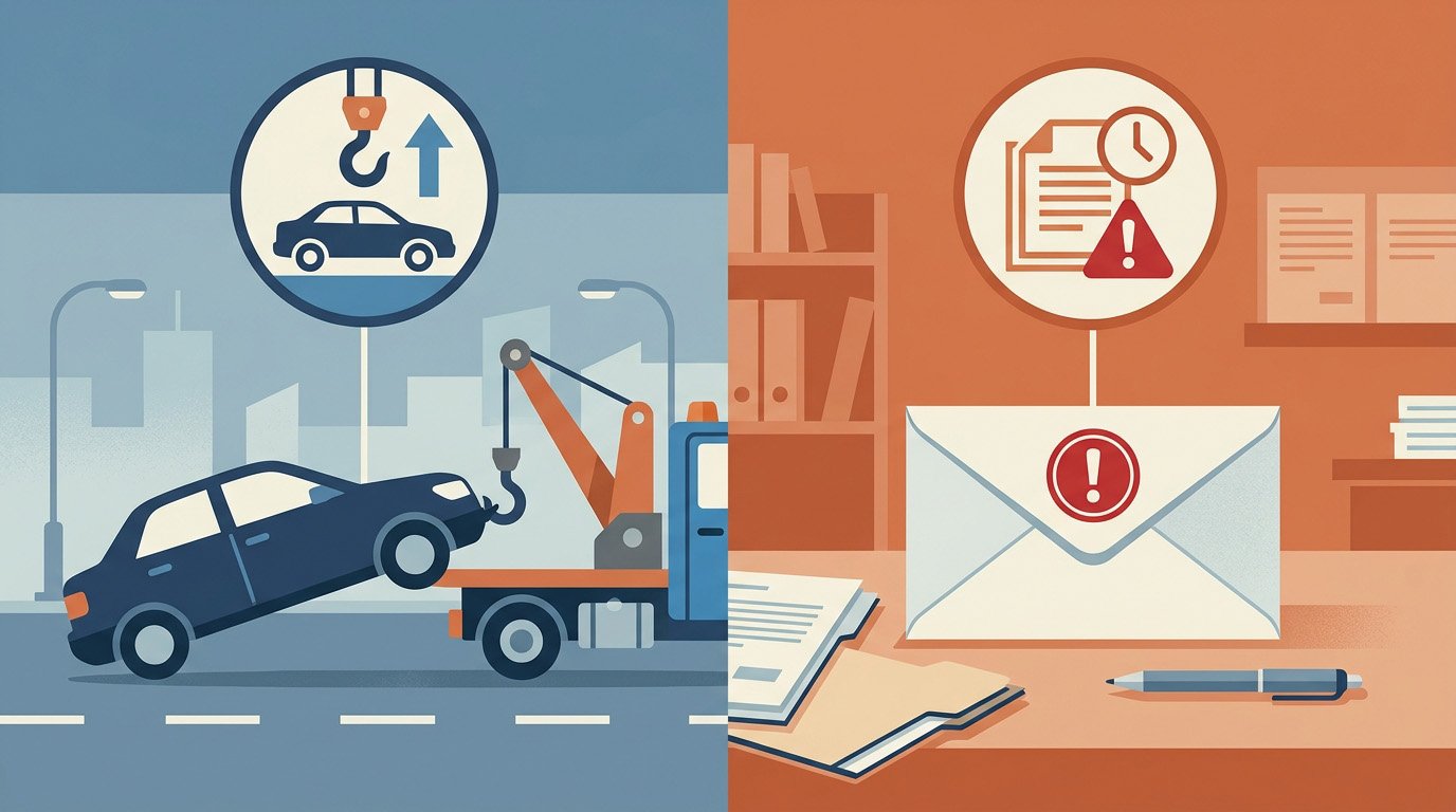 A split scene showing a repossessed car on one side and a collections letter on the other, comparing secured vs unsecured debt outcomes