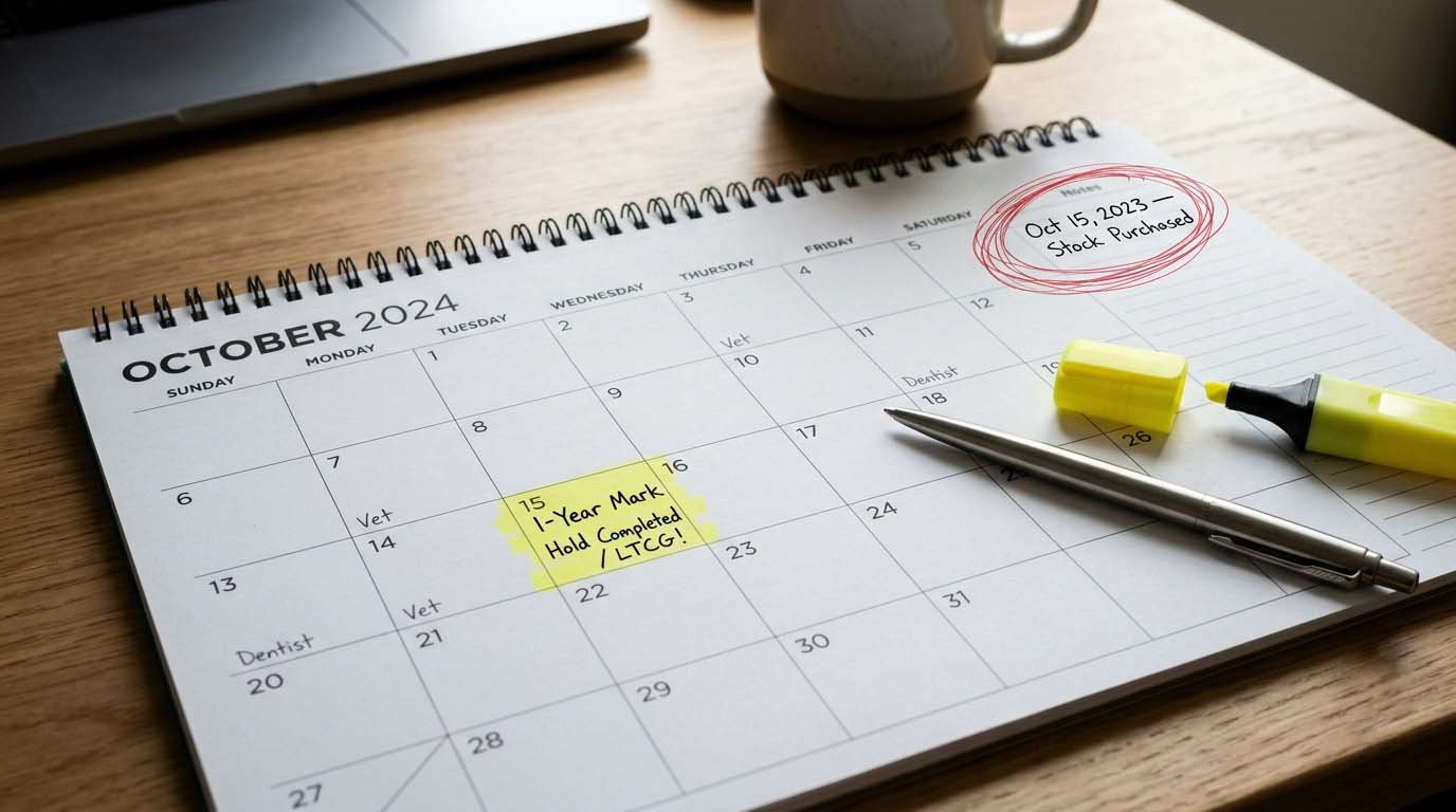A desk calendar with a stock purchase date circled and a one-year mark highlighted