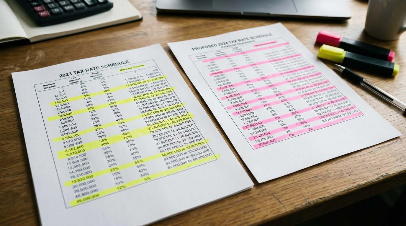 A realistic photo of two printed tax rate tables side by side on a desk, representing the comparison between short-term and long-term capital gains rates