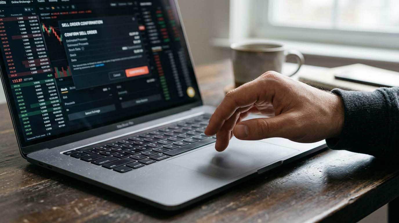 A realistic photo of a hand hovering over a laptop trackpad above a stock sell order screen, representing the decision of when to sell an investment