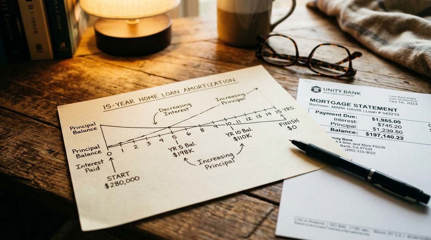 A simple amortization timeline chart on paper next to a loan statement