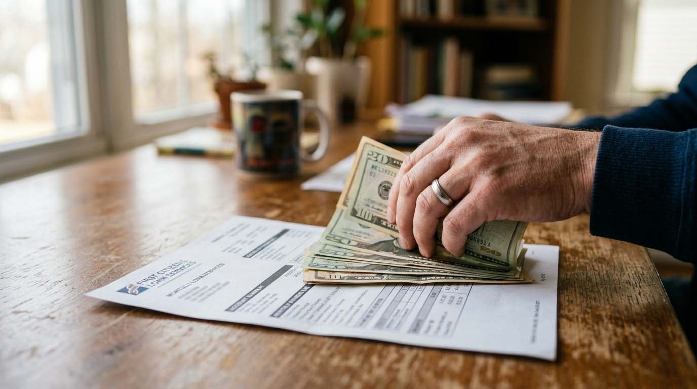 A hand placing extra cash on top of a loan statement on a desk