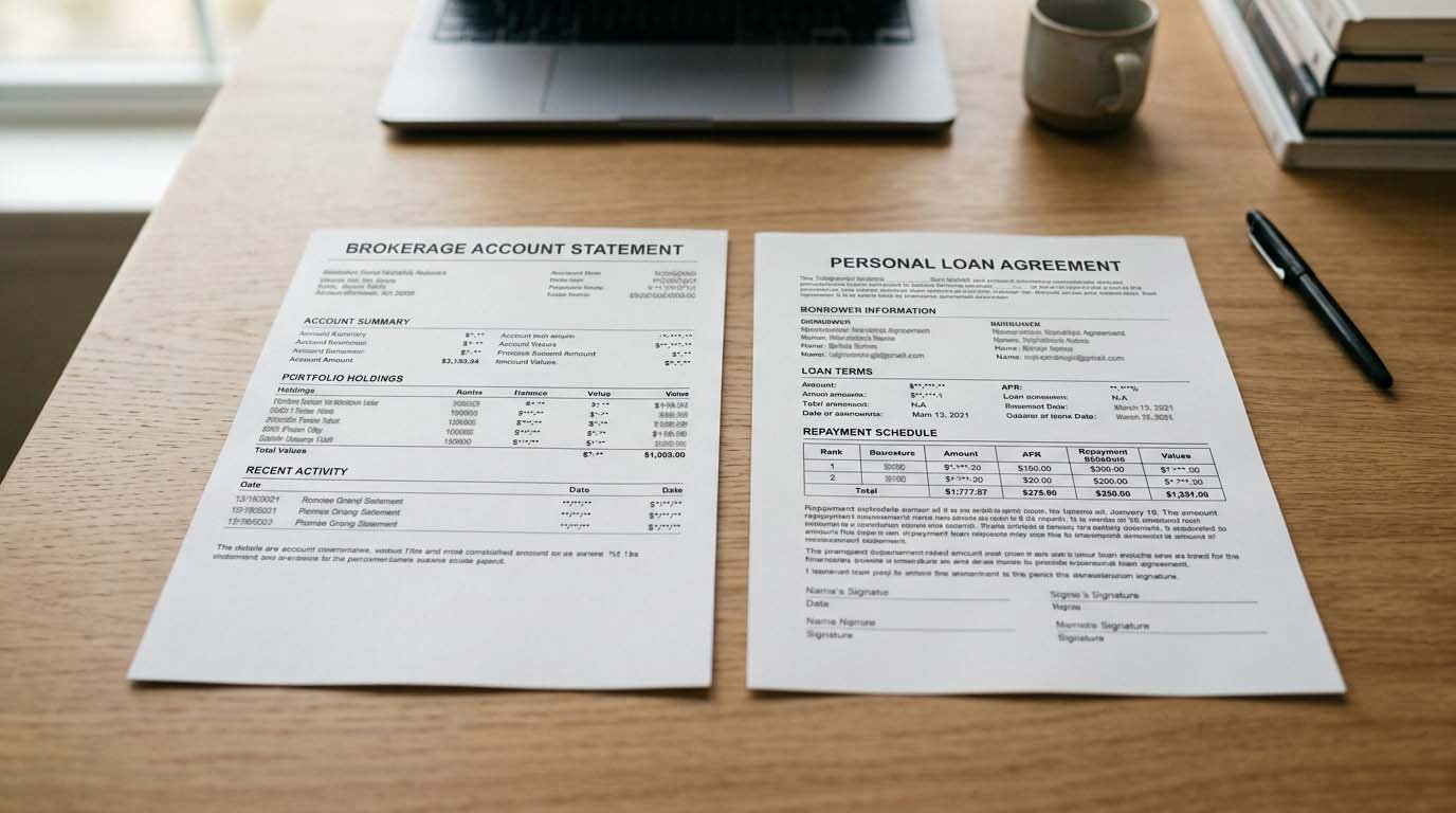 A brokerage account statement next to a loan document, representing the choice between investing and paying off debt