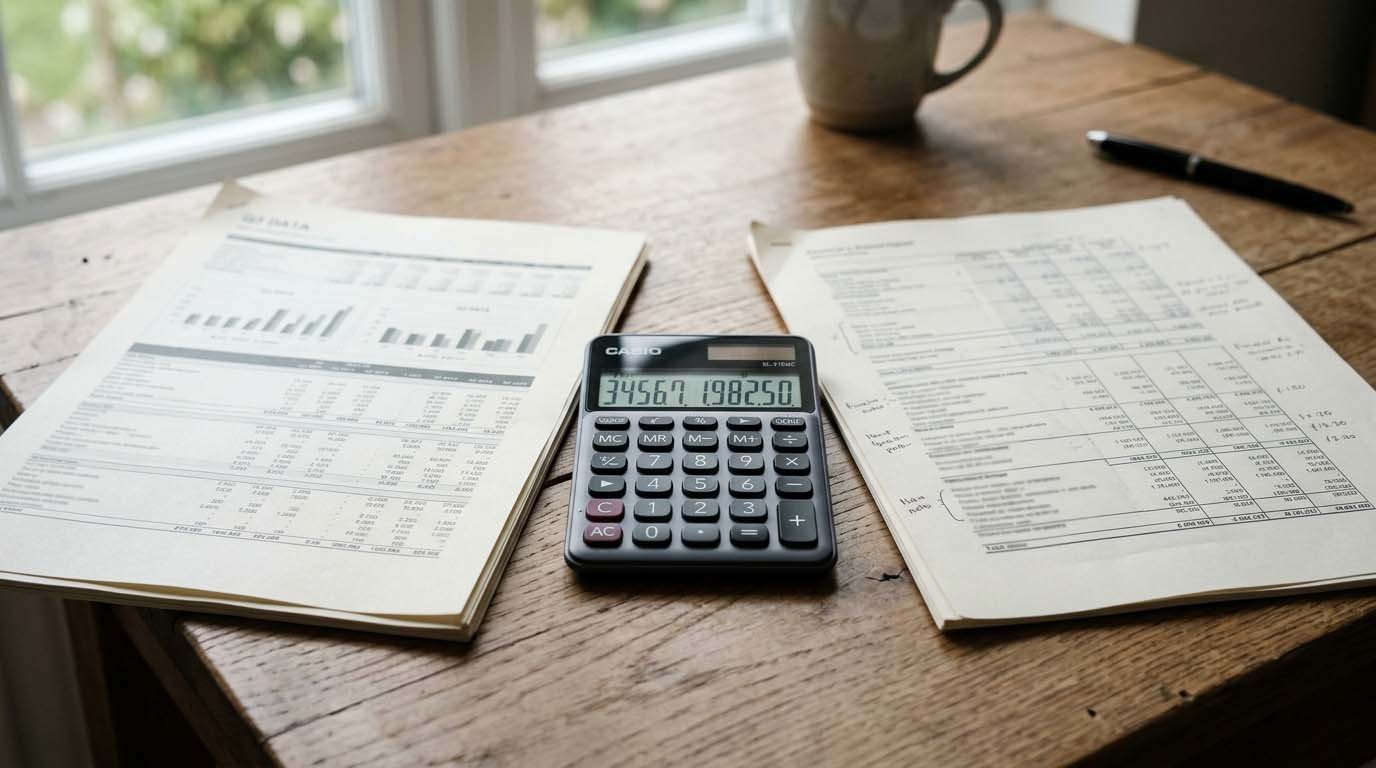 A calculator between two documents on a desk, representing a side-by-side financial comparison