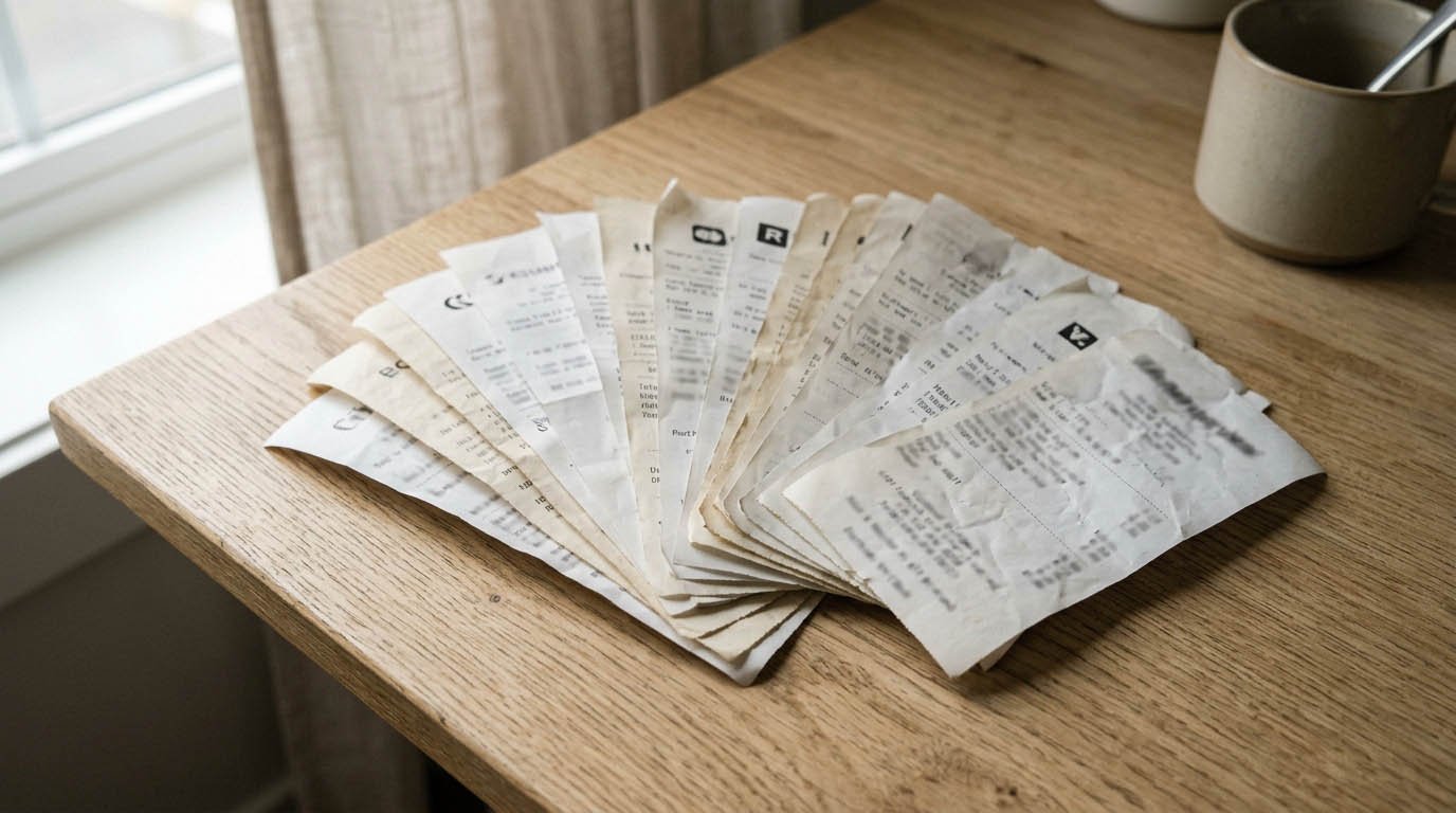 A stack of business expense receipts, relevant to deducting costs from side hustle income