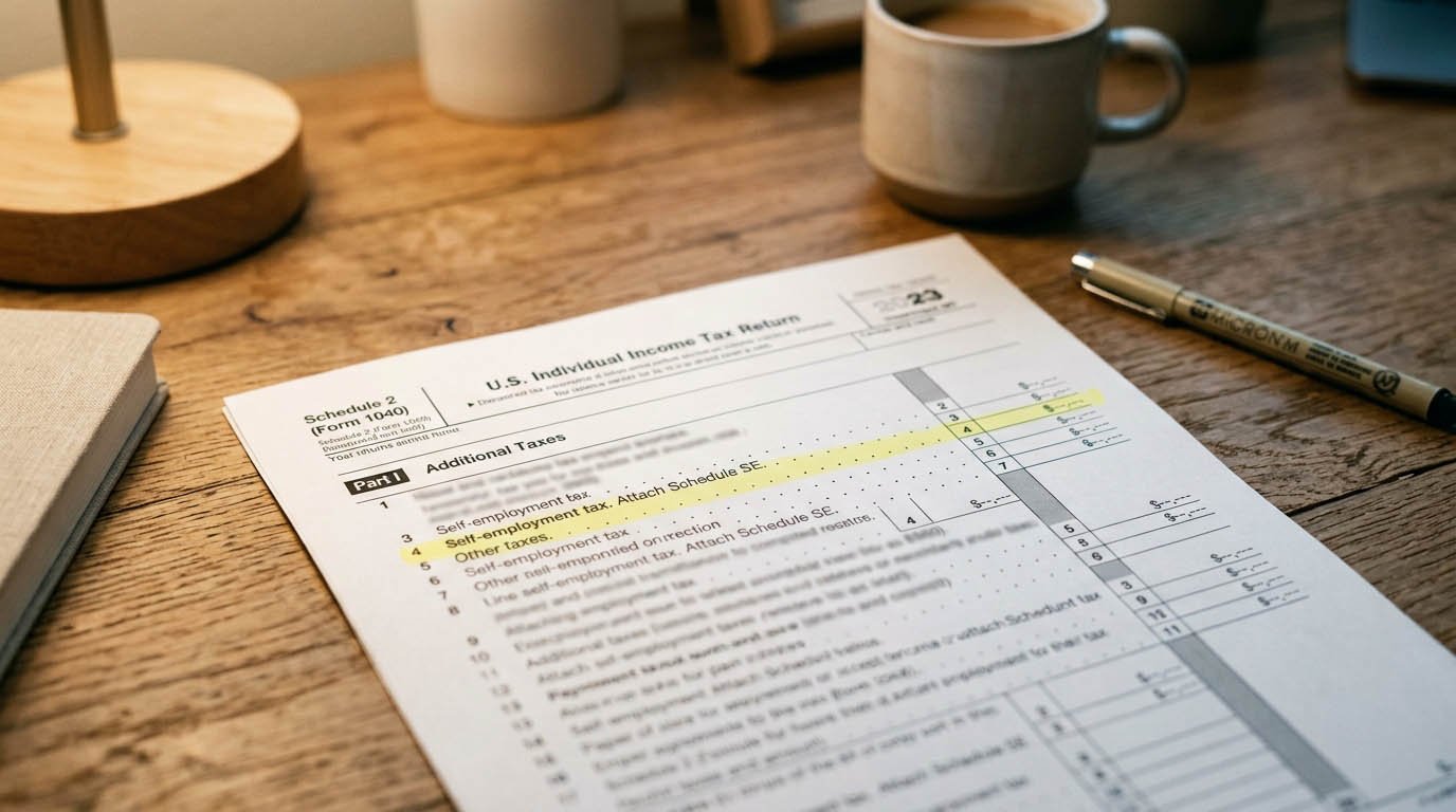 A tax form breakdown showing self-employment tax, relevant to side hustle income