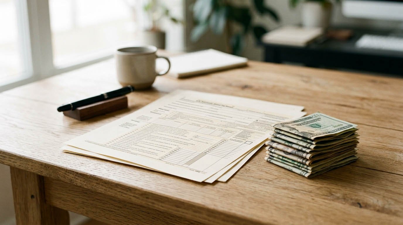 Cash and tax forms on a desk