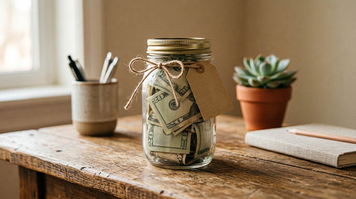 A jar labeled for taxes with cash set aside, illustrating a common strategy for managing side hustle income