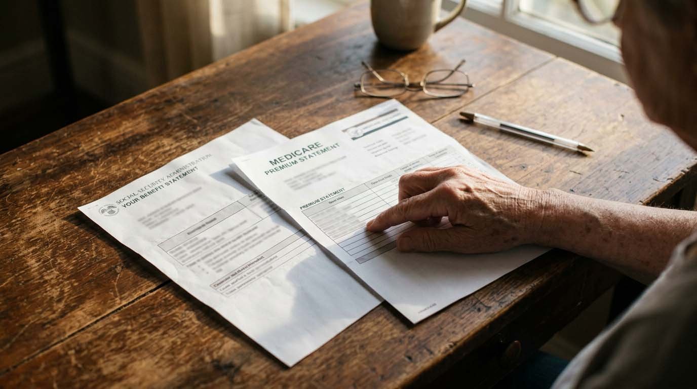 A hand reviewing a printed Medicare premium statement next to a Social Security benefits letter on a desk