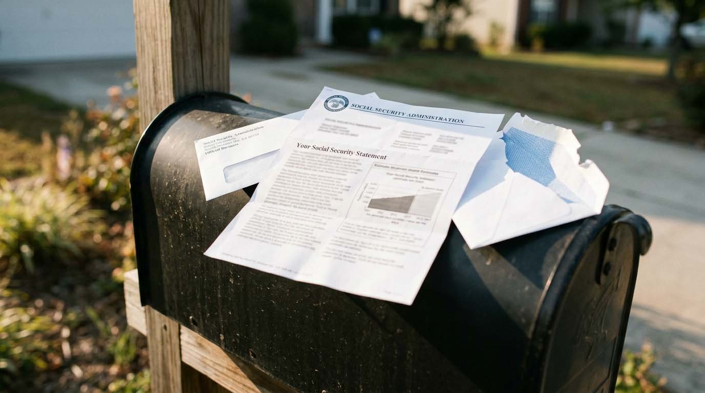 A Social Security benefits statement resting on a mailbox next to an open envelope